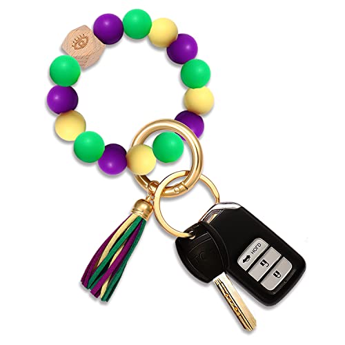 NVENF Silicone Key Ring Bracelet Beaded Wrislet Keychain Portable House Car Keys Ring Holder, Mardi Gras, L