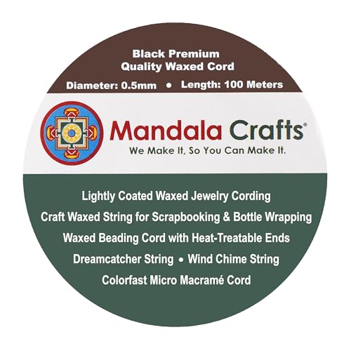 Mandala Crafts 0.5mm Black Cotton Waxed Cord for Jewelry Making, 109 Yards – Waxed Cotton String for Decorative Knotting and Accessory Assembly