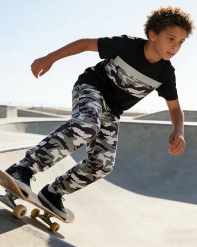 Image of OLMRJKD Boys 2 Piece Outfits Color Block Clothes Short Sleeve T Shirt and Camouflage Pants Summer Clothing Sets