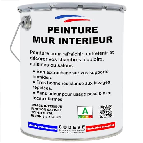 Peinture Mur Interieur - Codeve Bois/RAL 9010 - Blanc pur - 5L - Intérieur - Pour La Décoration De Votre Salon, Séjour, Cuisine Ou Chambre.