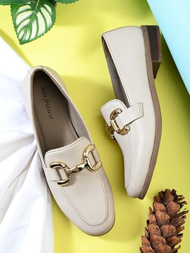 Image of San Frissco Women's Loafers | Solid Round Toe Slip-On Shoes for Women PU Moccasins with Horsebit & Buckle | Comfortable $ Lightweight for Casual, Office & Daily Use