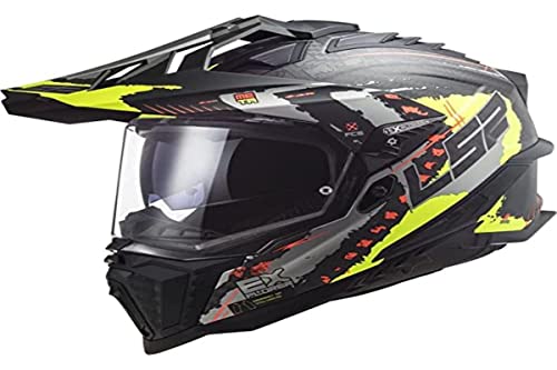LS2 MX701 Explorer C Carbon Fibre Off Road Dual Sport Dual Visor Motorcycle Helmet Extend Matt H-V Yellow (L (59/60))