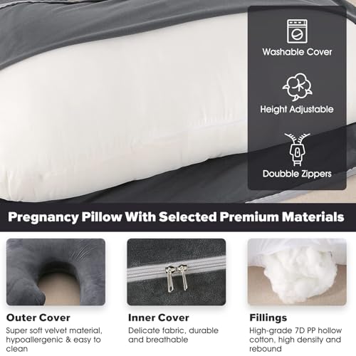 BATTOP Pregnancy Pillows for Sleeping, Full Body Maternity Pillow for Side Sleeping, Support for Back, Legs, Belly, HIPS, 57 Inch Pregnancy Pillow with Removable Cover, Black