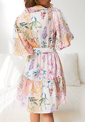 futurino Women Single Breasted A-line Dress, Floral Printed Boho Style Lantern Short Sleeve with Belt Summer Dress3