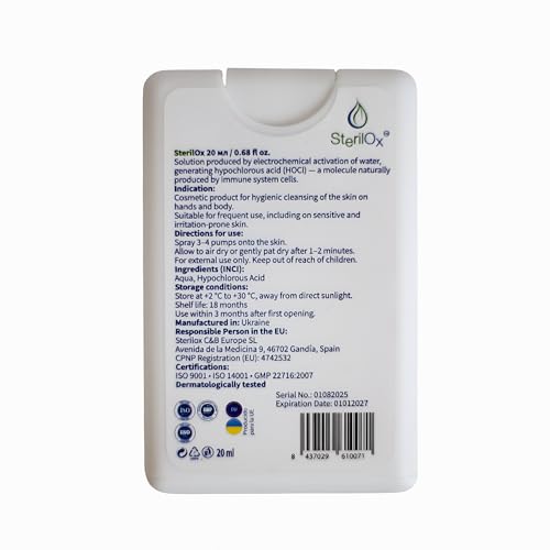SterilOx 3 × 20 ml – Hygiene-Spray auf Basis von Hypochlorsäure (HOCl), ohne Alkohol, zur Handreinigung und Zubehör, Mini-Pack für Zuhause und Reisen