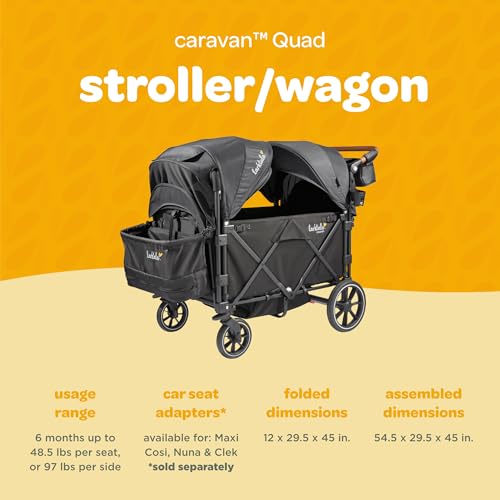 Larktale Caravan Quad, Byron Black - Foldable Stroller Wagon for Kids & Babies - Seats up to Four Passengers - 214 lbs Total Weight Capacity - Dual Sun Canopies, Adjustable Handlebar - 2024 Version