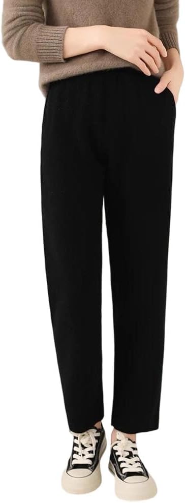 REHJJDFD Winter Women 100 Percent Merino Wool Trousers Thick Warm Pencil Pants Elastic Waist Knit Pants