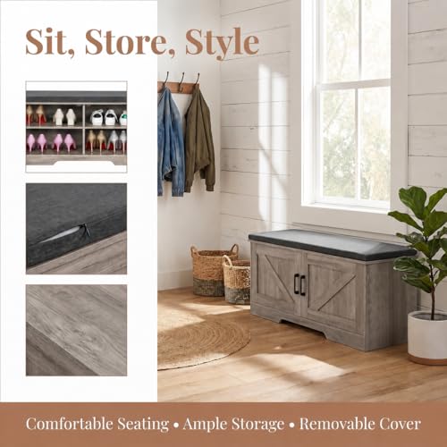 Image of HOMSHO Farmhouse Shoe Storage Bench with 2 Barn Doors & Padded Seat Cushion | 39.4 inch Wide Entryway Bench with Adjustable Shelves & Hidden Storage, Greige