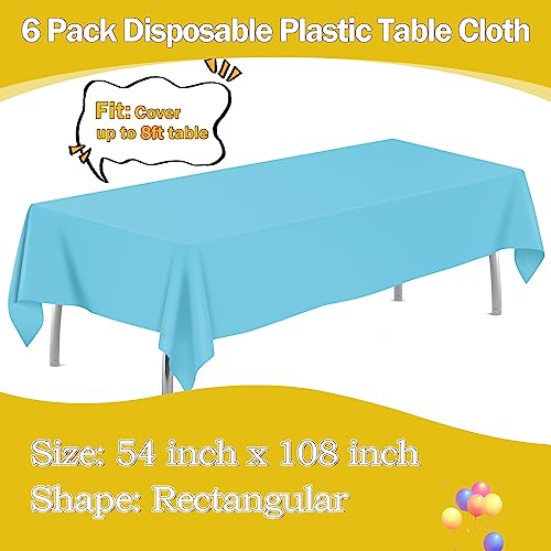 Image of tujol Light Blue 6 Pack Plastic Table Cloth 54 inch x 108 inch, Disposable Tablecloths Rectangle Table Cover, Plastic Tablecloths for Parties