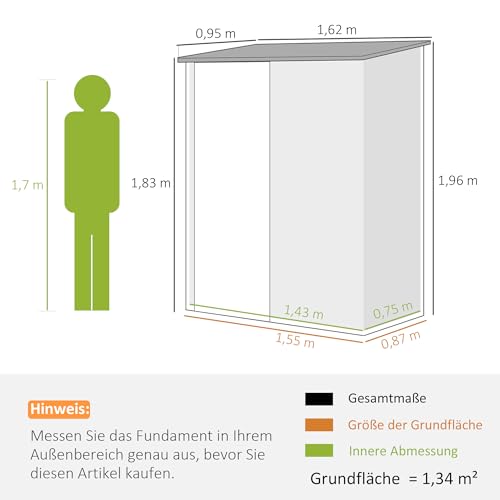 Outsunny Metall Gerätehaus 1,34m² 161,5 x 94,5 x 196cm Geräteschuppen mit Pultdach Abschließbarer Tür, wetterfest Garten Schuppen Outdoor Gartenhaus für Hinterhof Außenbereich Braun