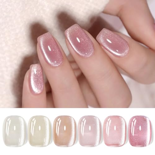 BORN PRETTY Cat Magnetic Eye Gel Nail Polish Jelly Nude Pink 6 Colors Gel Polish Set with Magnet Soak-Off U V/LED Iridescent Gels for Nail Art Salon DIY Home