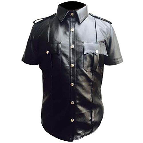 Real Leather Mens Cow Sheep Leather Police Real Uniform Shirt BLUF Gay Mans Shirt Hot Lamb Leather