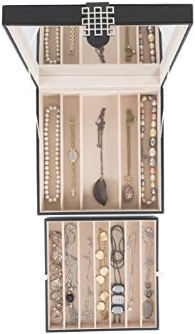 Glenor Co 12 Section Necklace Holder - Large Mirror - 2 Trays - PU Leather - Black - Classic Jewelry Box - Modern Buckle Closure - Fits Necklace & Bracelet - Jewelry Organizer for Women Teens & Girls