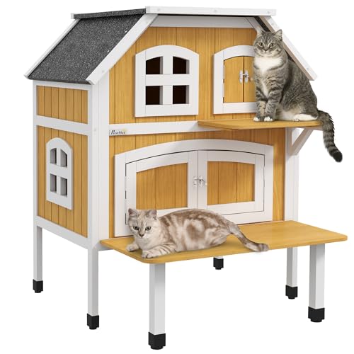 PawHut Casa per gatti in legno a 2 livelli
