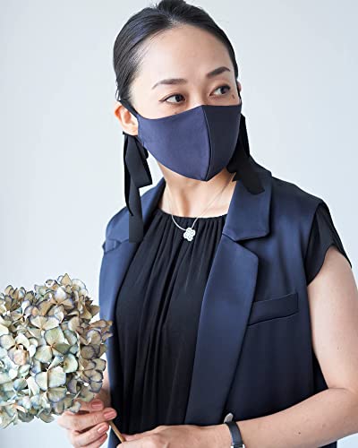 ミツフジ リボンマスク ネイビー/ブラック 日本製 おしゃれ フォーマル オーガニック 高島ちぢみ 肌に優しい 耳が痛くなりにくい 小顔美鼻 UVカット 大人