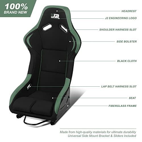 ‎J2 Engineering J2-Rs-001-Gn Pair Of Universal Fixed Position Bucket Racing Seat W/Side Mount Brackets & Sliders For 4 Or 5 Point Harness, Black/Green #TOP1