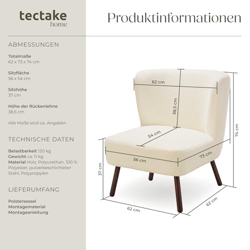 tectake® Teddy Cocktailsessel, Sessel mit kuscheligem Bouclé-Stoff im Scandi-Style, Couch Loungesessel mit Dicker Polsterung, Stahlbeine in Holzoptik, Relaxsessel für Wohnzimmer Schlafzimmer Büro