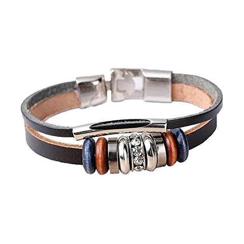 Women's Bracelet with Wooden and Metal Beads Leather Bracelet Cover