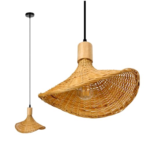 ekobi Hängelampe Rattan-Pendelleuchte im Boho-Stil E27 Bambus Wohnzimmer Pendelleuchte Rattan Esstisch Esszimmer Lampe Hängeleuchte Farbe: Natur (BIMINI)