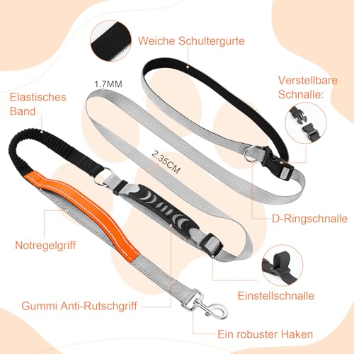 X XBEN 4-in-1 Freihandleine Joggingleine Hundeleine für Große Mittelgroße Hunde, Freihändige Hundeleine mit Hilfsgurt, Bequeme Doppelgriffe und Bauchgurt, Verstellbar (0,8-2,2M), Reduzieren Müdigkeit