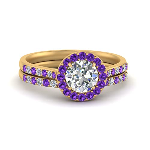 Image of Choose Your Gemstone Round Halo Ring with Matching Pave Band Yellow Gold Plated Round Shape Wedding Ring Sets Everyday Jewelry Wedding Jewelry Handmade Gifts for Wife US Size 4 to 12