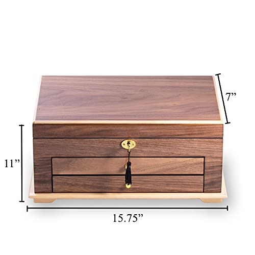 Bey-Berk Solid Walnut Wood Jewelry Box On Oak Base, Large Size, Three Level Jewelry Box, High Lacquer Finish #TOP3