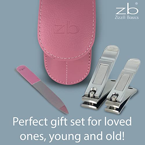 Nail Clippers By Zizzili Basics - 3 Piece Nail Clipper Set - Stainless Steel Fingernail & Toenail Clippers With Nail File & Bonus Pink Carry Case - Best Nail Care For Manicure, Pedicure, Home & Travel #TOP3
