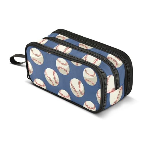 BOENLE Baseballs Ball Blue Pencil Case Box Boys Girls Large Pencil Pouch with Zipper Compartments Big Capacity Stationery Pen Bag Organizer for Kids Teens Adults School