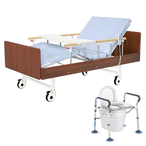 Fully Electric Hospital Bed for Home Use with Premium Mattress and Rails and Raised Toilet Seat, Adjustable Bed, HomeCare Hospital Beds Set, 76.8" x 3