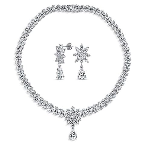 Art Deco Style Vintage Style Marquise Leaf Starburst Cubic Zirconia AAA CZ Statement Collar V Necklace & Chandelier Dangle Earrings Bridal Jewelry Set For Women Wedding Prom Pageant Silver Plated Cover