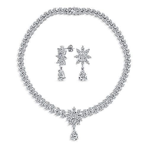 Art Deco Style Vintage Style Marquise Leaf Starburst Cubic Zirconia Aaa Cz Statement Collar V Necklace & Chandelier Dangle Earrings Bridal Jewelry Set For Women Wedding Prom Pageant Silver Plated #TOP13