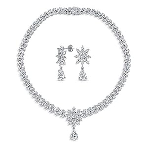 Ensemble De Bijoux De Mariage Et De Bal Collier Ras Du Cou En Style Art Déco Avec Marquise Feuille Étoile Et Zircone Cubique AAA CZ Et Boucles D&rsquo;Oreilles Pendantes En Forme De Lustre Plaqués Argent