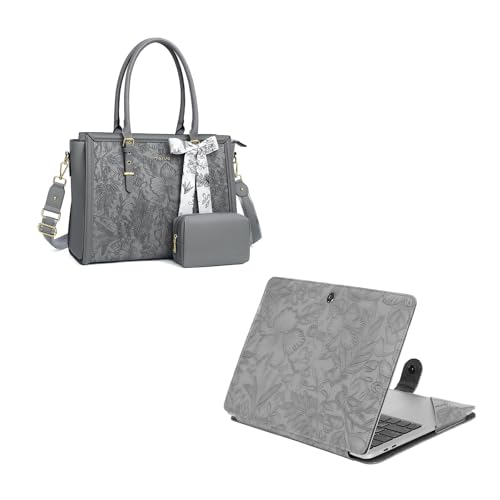 MOSISO Embossed Retro Hibiscus PU Leather Portfolio Protective Stand Cover&Laptop Tote Bag for Women, 17-17.3 inch PU Leather Embossed Retro Hibiscus Computer Bag with Silk Scarf & Clutch Purse, Gray - Main Image