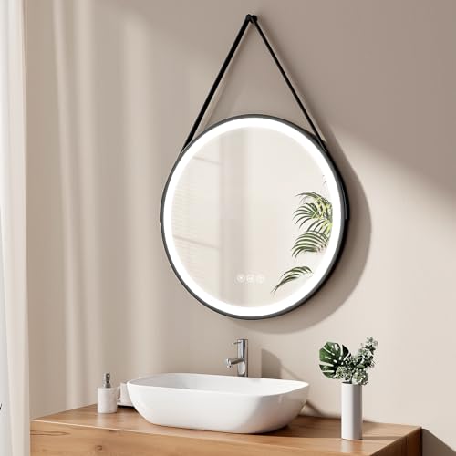 EMKE Espejo de baño Redondo 70 cm, Espejo Redondo Pared con luz, Interruptor táctil y función antivaho, 3 Colores de luz Variables, Marco Negro y Correa Ajustable