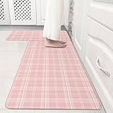VivaNest Pink Tartan Grid Kitchen Rug Sets [2 PCs], Anti-Fatigue, Waterproof Non-Slip Kitchen Mats Heavy Duty Ergonomic Comfort Foam Rug for Floor, Home, Laundry,17.3"x29"+17.3"x47"