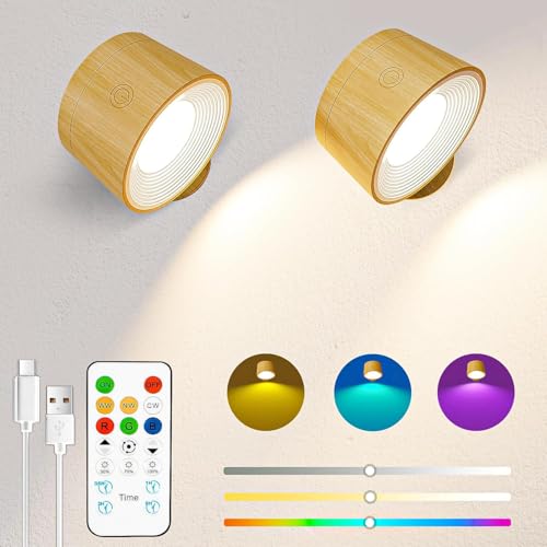 Speclux Battery Operated Wall Lights 2 Pack Wood Grain, LED Rechargeable Wall Lights Indoor, 3500mAh Magnetic Wall Lamp with Remote, 3 Color Temperatures & 13 RGB & Dimmable 360° Free Rotation Sconces
