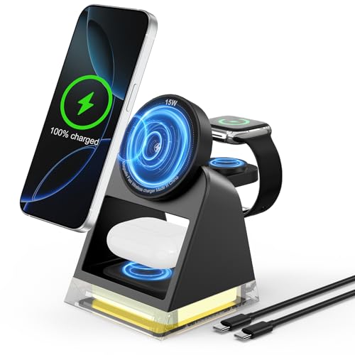 Image of 3 in 1 Fast Charging Station for Multiple Apple Devices, Portable Wireless Charger Stand with Magsafe,Magnetic Travel Charge Dock for iPhone 16e /15 Pro Max /14 Plus /13 Mini /12 /Apple Watch Ultra /AirPods