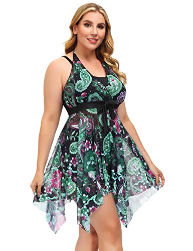 Two Piece Swimsuits For Women Plus Size Halter Tankini Swim Dress Suit With Shorts 22W Green Floral #TOP2