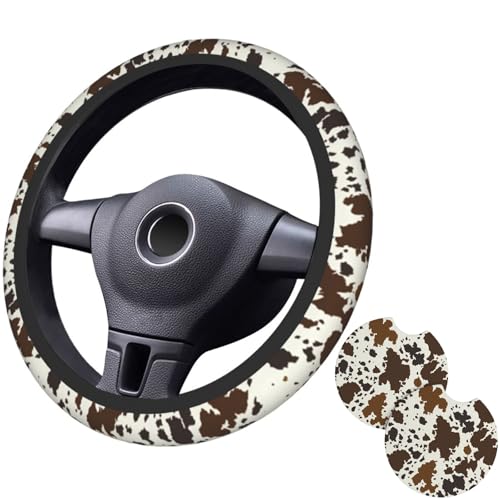 Brown Western Cow Print Steering Wheel Cover for Women Men with 2 Pcs Car Coasters 15 Inches Neoprene Anti-Slip Cute Universal Car Accessories Protective Cover for Vehicle