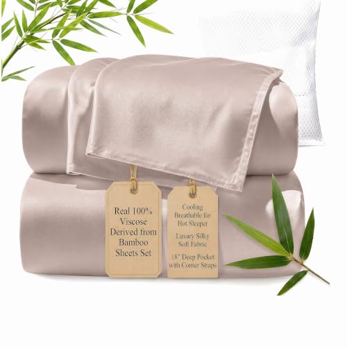 Image of TWK Real 100% Viscose Derived from Bamboo Sheets Set King Size, Cooling & Silky Soft for Hot Sleeper, Breathable & Moisture Wicking Fabric, 18 inch Deep Pocket with Corner Straps (Sand, King)