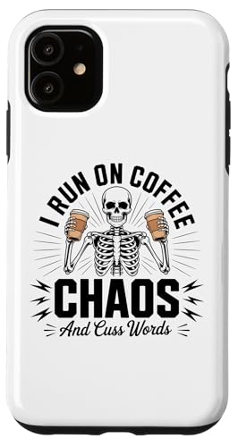 Coffee Chaos And Cuss Words Skull �S�X �X�P���g�� �_�[�N���[���A �X�}�z�P�[�X iPhone 11 �p