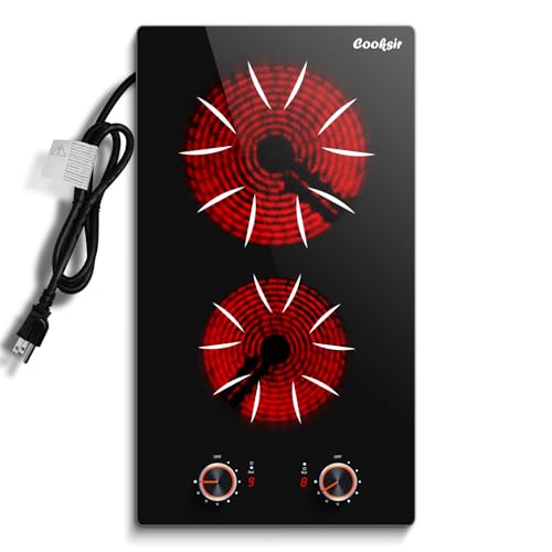 Cooksir Electric Cooktop 2 Burner - 12 Inch 2000W Electric Stove Built-in & Countertop, Two Burner Ceramic Cooktop with Knob Control, 9 Power Level, Over Heat Protection, 110-120V Plug in (Red Konb)