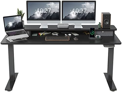FEZIBO Height Adjustable Electric Standing Desk with Double Drawer, 120 * 60cm Stand Up Table with Storage Shelf, Sit Stand Desk with Splice Board, White Frame/White Top