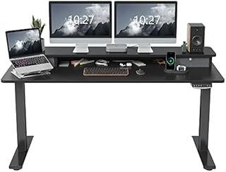 FEZIBO Height Adjustable Electric Standing Desk with Double Drawer, 120 * 60cm Stand Up Table with Storage Shelf, Sit Stand Desk with Splice Board, White Frame/White Top