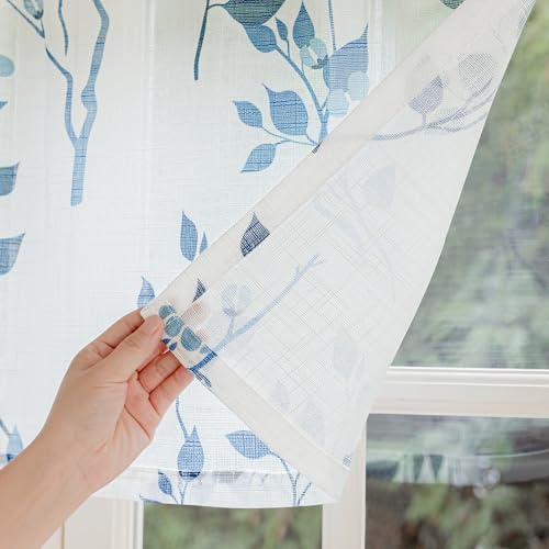 Image of Beauoop Linen Floral Semi Sheer Valance Curtains Kitchen Blue Navy 52x18x1