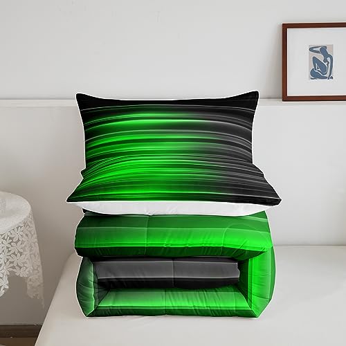 Image of Feelyou Ombre Gradient Lines Bedding Set King Size, Green and Grey Comforter Kids Toddler Geometric Abstract Ombre Comforter Set Stripes Duvet Set Kids Room Decor Microfiber Bed Set