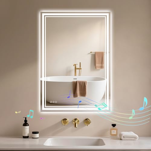 Archaluxe Bathroom Mirror with LED Light: 45x60cm Illuminated Wall Mounted Bluetooth LED-Bathroom-Mirror with Shaver Socket Anti-Fog 3 Colors Dimmable Memory Function Smart Mirror Horizontal/Vertical