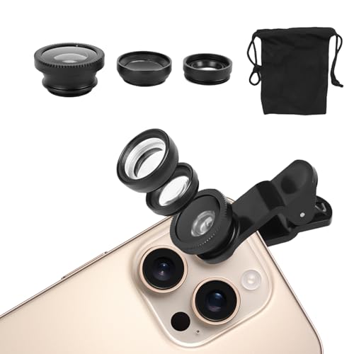 Yunova Kit 3 en 1 Objectif Appareil Photo Téléphone - Fish Eye, Grand Angle & Macro pour iPhone, Samsung, Huawei - Objectif Smartphone Clip avec Compatibilité Universelle, Noir Mat