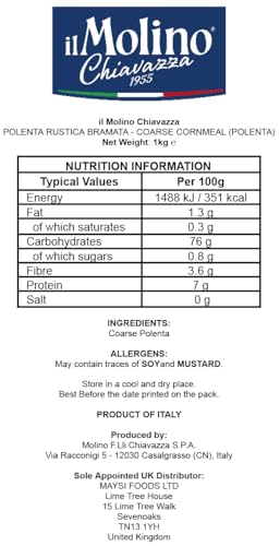 il Molino Chiavazza Coarse Cornmeal Polenta - Polenta Rustica Bramata 1kg | Made with 100% Italian Corn | Vegan & Gluten-Free