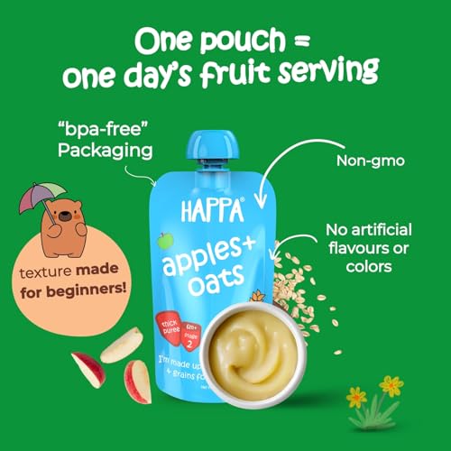 Image of Happa Organic Baby Food Puree | 100% Fruits | No Added Sugar, No Milk Powder, No Preservatives | Stage 2 (6 Months+) | Ready to Eat | Free from Common Allergens | Pack of 12 (100g Each)